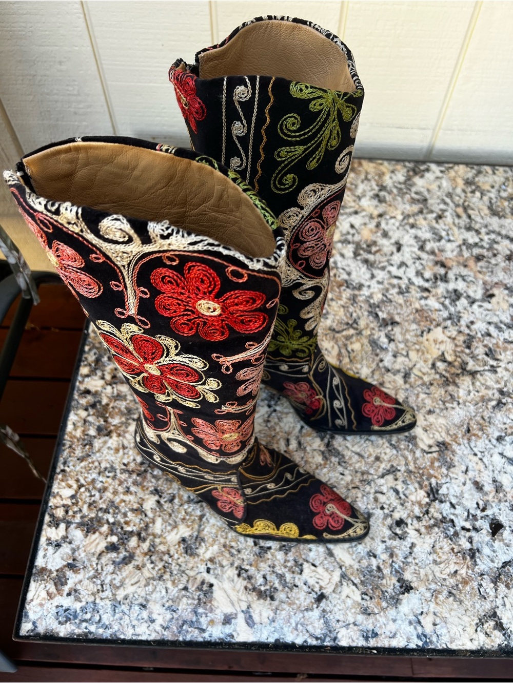 Embroidered Black Floral Knee-High Women's Boots